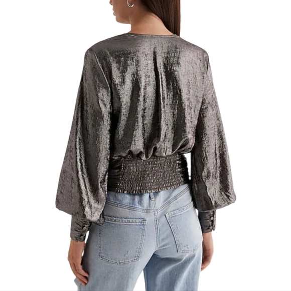 Express Metallic V-Neck Balloon Sleeve Faux Wrap Top Size Large New - Picture 9 of 13